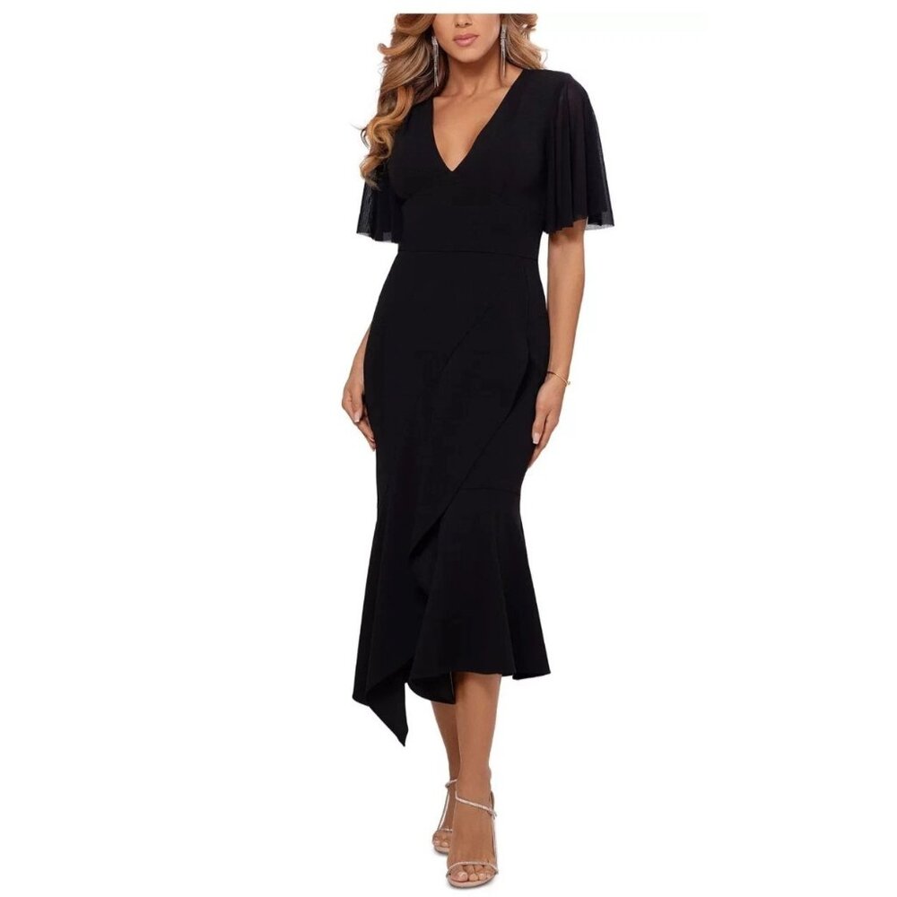 BETSY & ADAM Womens Size 10 Black Asymmetrical Hem Fit & Flare Midi Dress